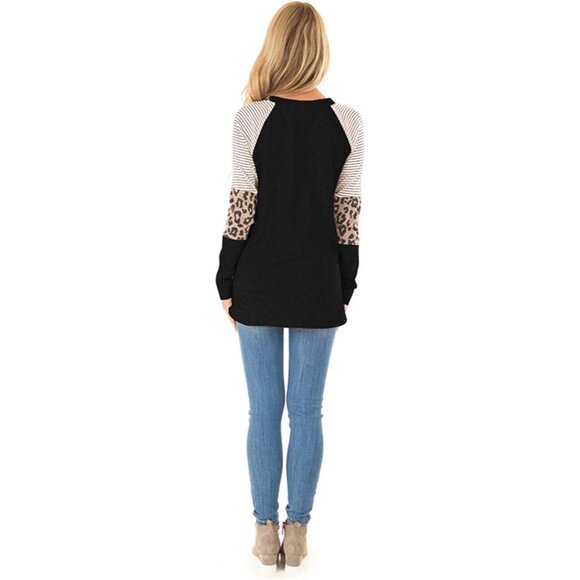 Women's Leopard Print Color Block Tunic Long Sleeve Casual Blouses - Picture 3 of 3